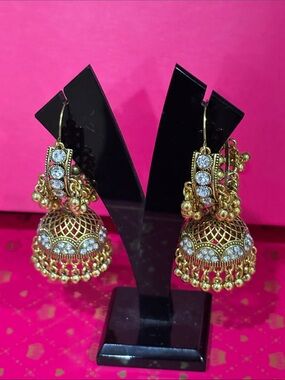 Gold-Tone Jhumka Earrings with Clear Crystal Accents